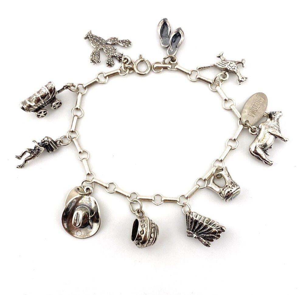Arizona Sterling Silver Charm Bracelet 10 3D Figural 7 Inch Vintage